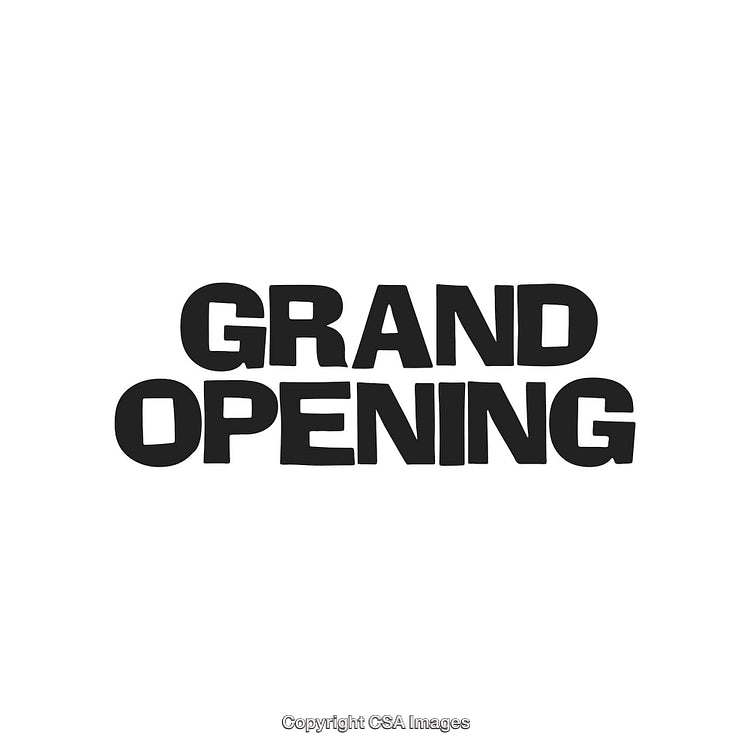 Black Text Grand Opening Announcement on White Background
