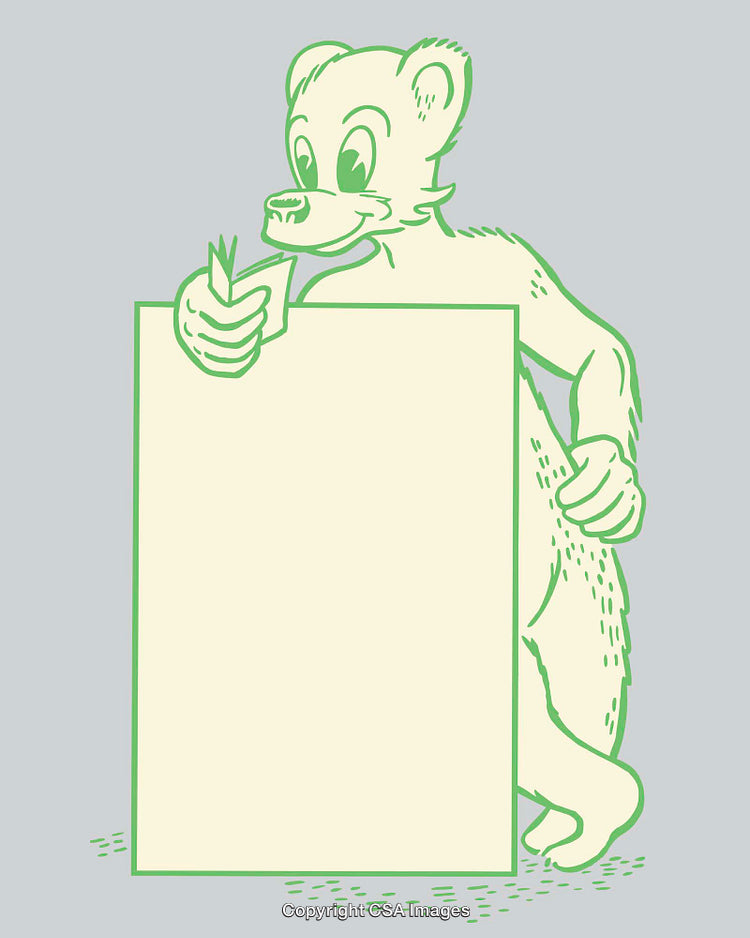 Illustration of a Bear Reading and Holding a Sign in Color Line Art