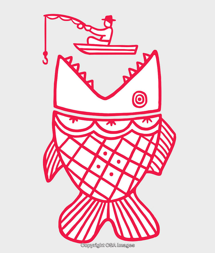 Colorful Line Art of Fisherman Over a Giant Cartoon Fish