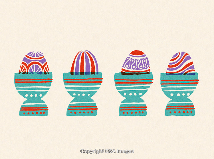 Colorful Decorated Eggs in Unique Holders with Geometric Patterns