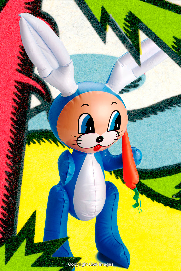 Blue Inflatable Bunny with Carrot on Vibrant Background