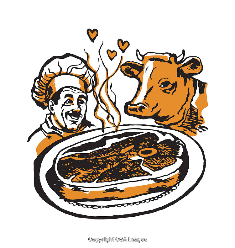 Illustration Depicting a Chef, a Cow, and a Delicious Steak