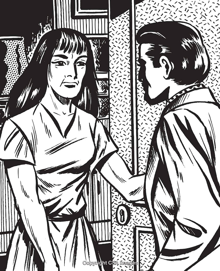 Vintage Black-And-White Illustration of Couple Facing a Tense Conversation Scene
