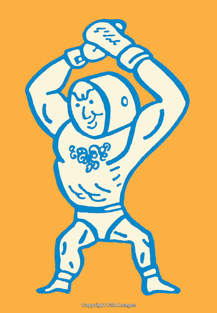 Blue Line Art Illustration of a Strong Character on Orange Background