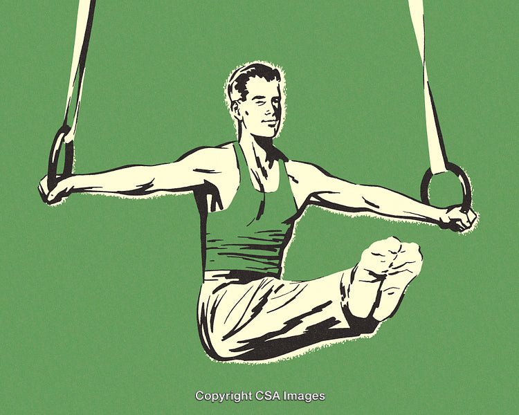 Athletic Man Performing on Gymnastic Rings in a Retro Illustration