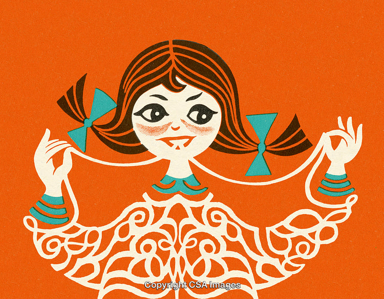 Illustrated Girl in Vibrant Orange Background with Playful Expressions and Hair Bows