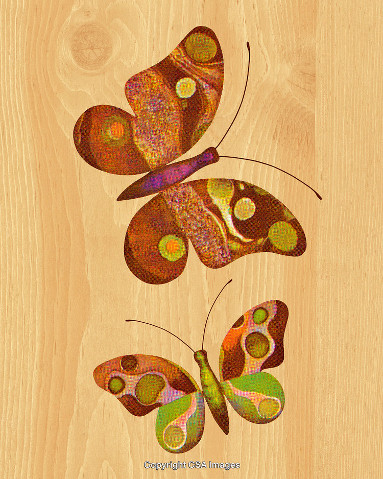 Stylized Butterflies Decorated With Intricate Patterns on a Wooden Textured Surface