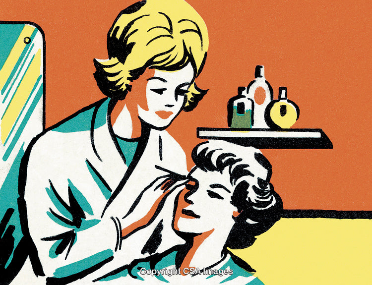 Retro Style Woman Receiving Beauty Treatment in Vibrant Orange Salon Setting