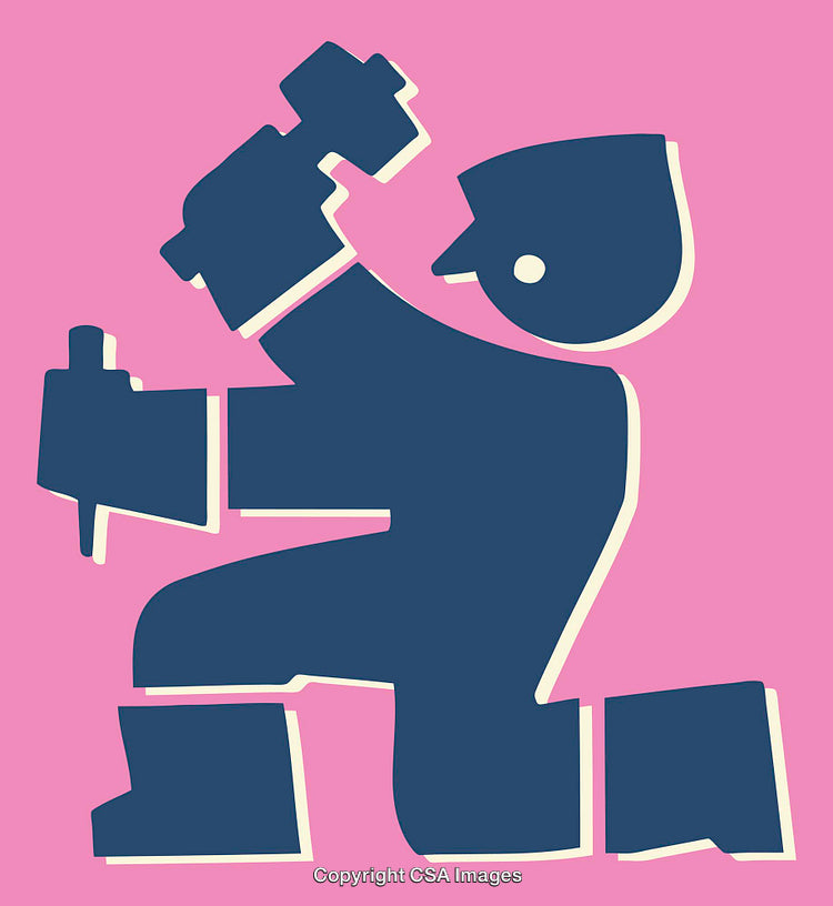 Minimalist Line Art Illustration of a Worker Holding Tools on Pink Background