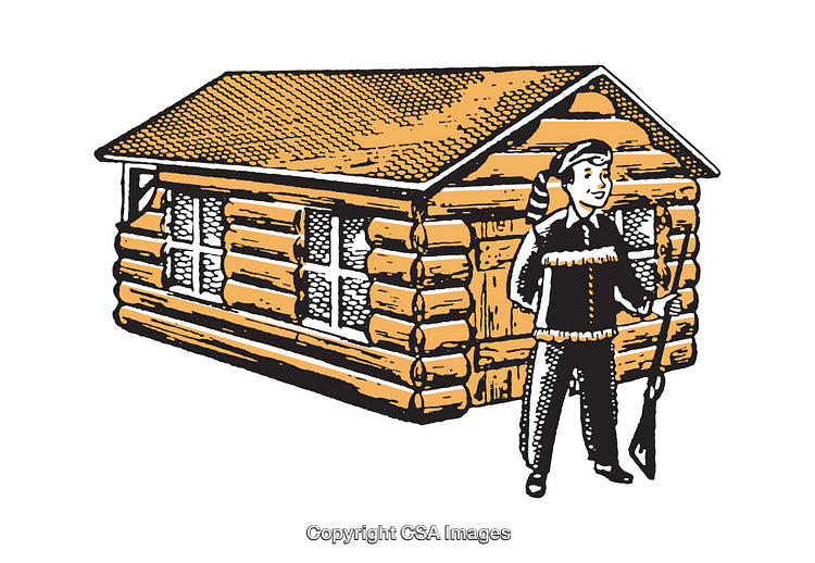 Rustic Log Cabin with Outdoorsman Illustration in Warm Earth Tones