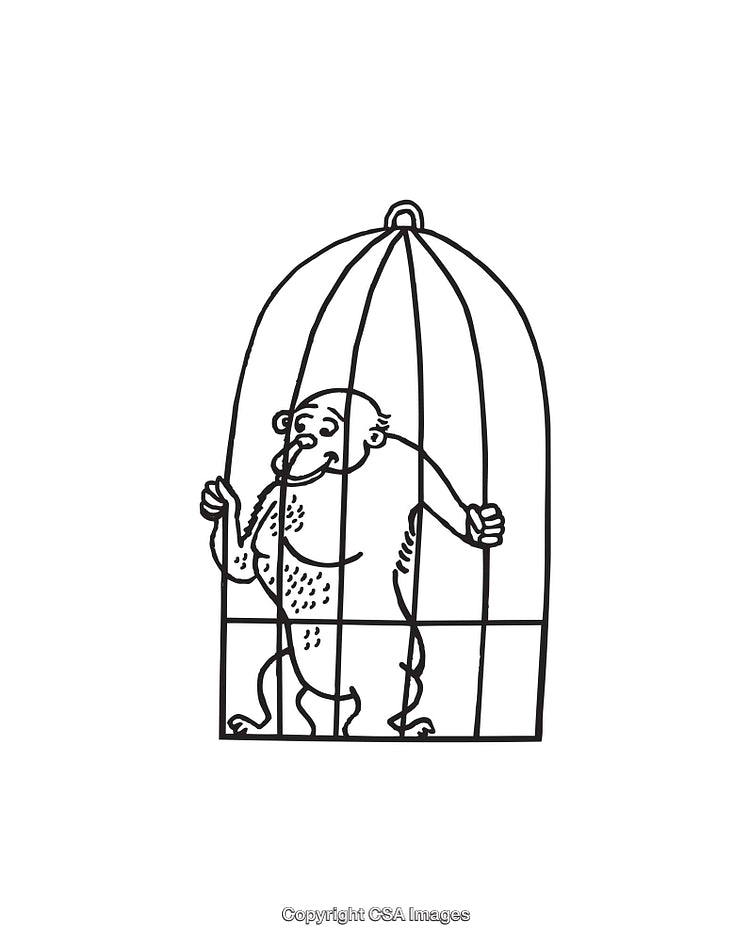 Black and White Line Art Illustration of a Man Inside a Cage