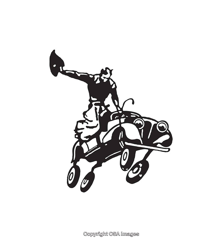 Vintage Black and White Illustration of a Flying Car and Rider
