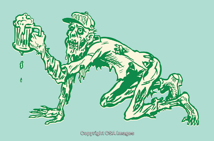 Humorous Zombie Line Art Illustration Holding a Mug of Beer