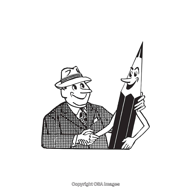 Retro Style Line Art of Man Interacting with Anthropomorphic Pencil