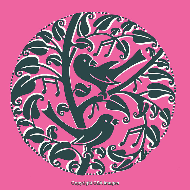 Stylized Line Art of Birds on Branches with Ornate Design