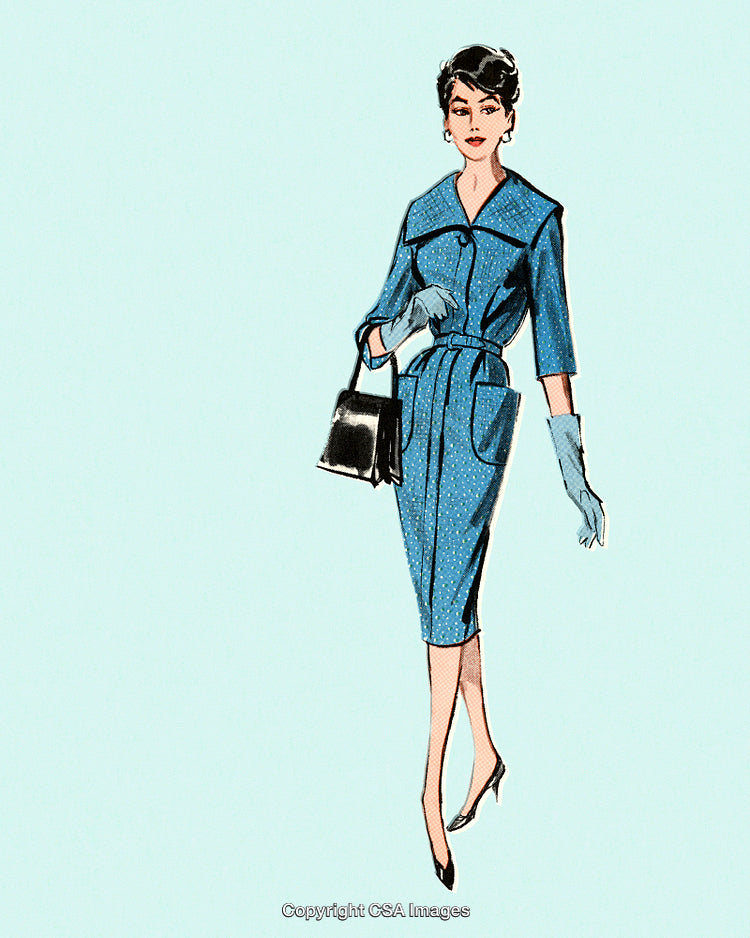 Elegant Vintage Fashion Illustration of Woman in Polka Dot Dress and Accessories