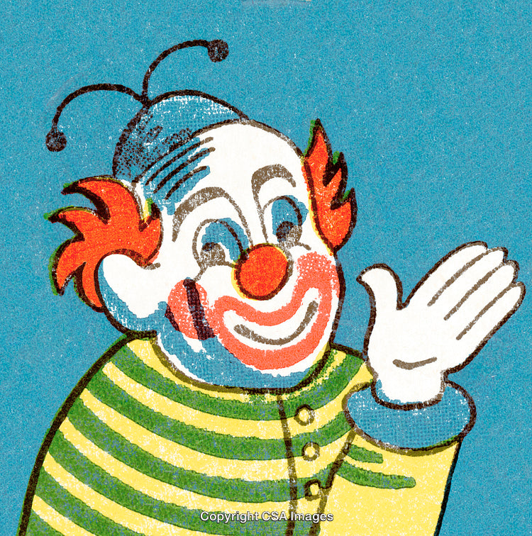 Colorful Illustration of a Friendly Clown in Vibrant Attire on Blue Background