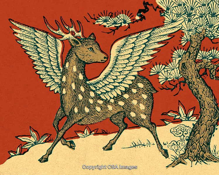 Mythical Winged Deer Illustration in an Oriental Art Style