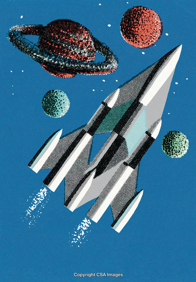 Retro Sci-Fi Rocket Exploring a Vibrant Planetary Space Scene
