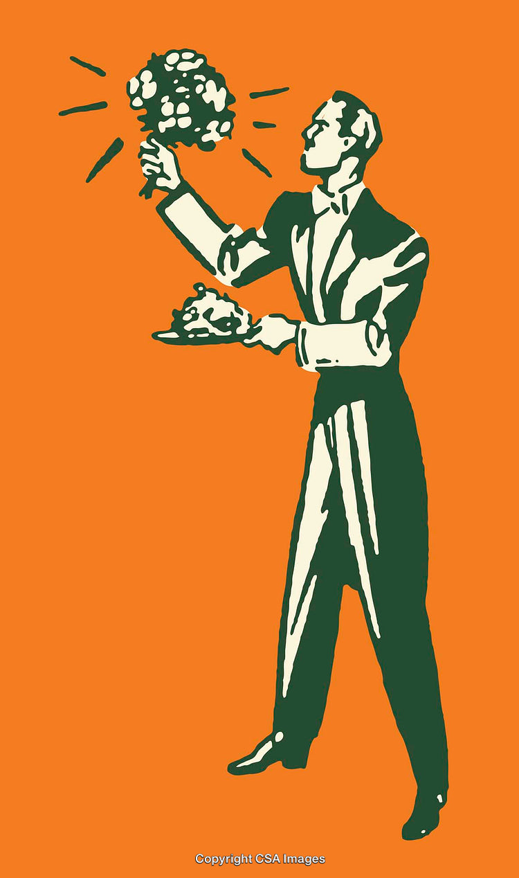 Retro Styled Illustration of a Waiter Presenting a Dish on Orange Background