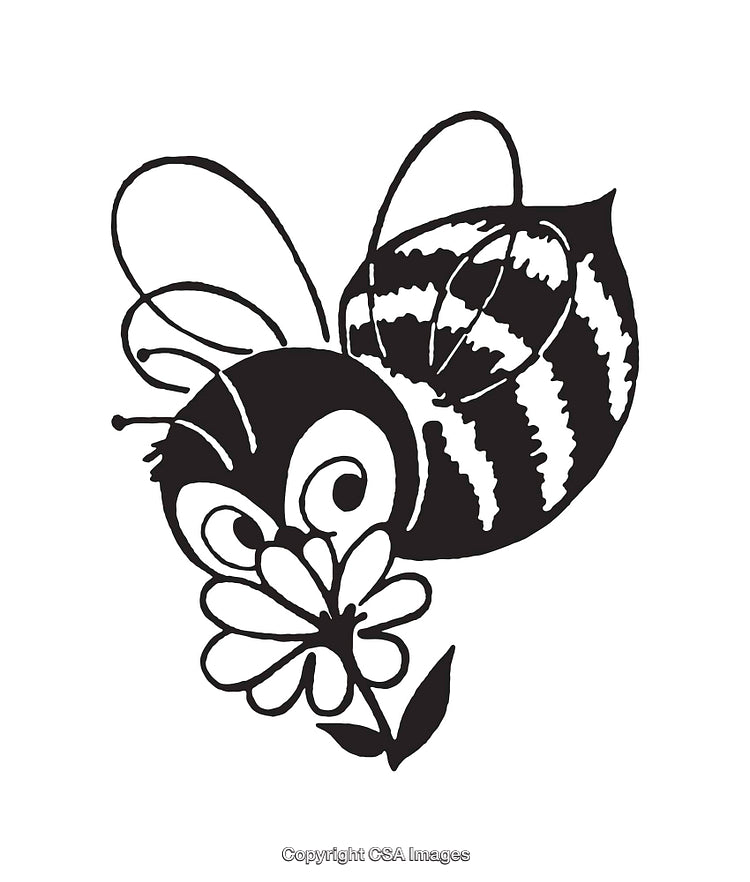 Black and White Cartoon Bee with Flower Line Art Illustration