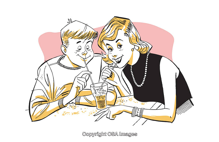 Vintage Illustration of a Couple Sharing a Soda Together