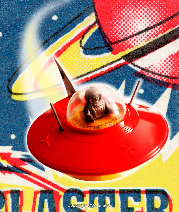 Vibrant Retro Space Toy with Astronaut and Red Flying Saucer