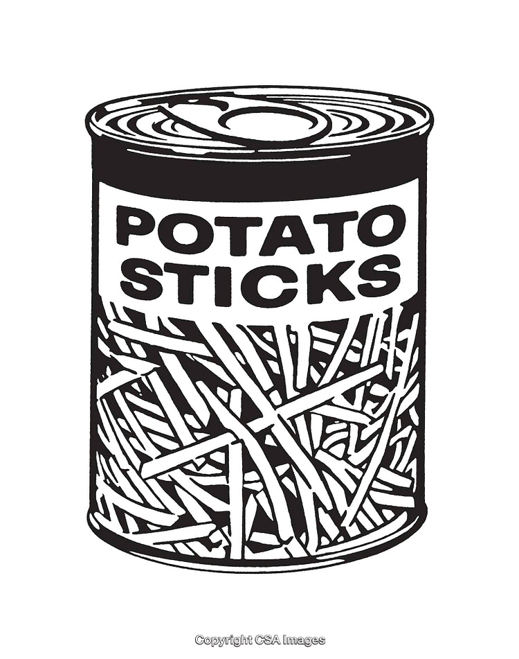 Black and White Line Art of Potato Sticks in Can Packaging
