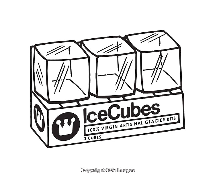 Black And White Illustration of Packaged Artisanal Glacier Ice Cubes