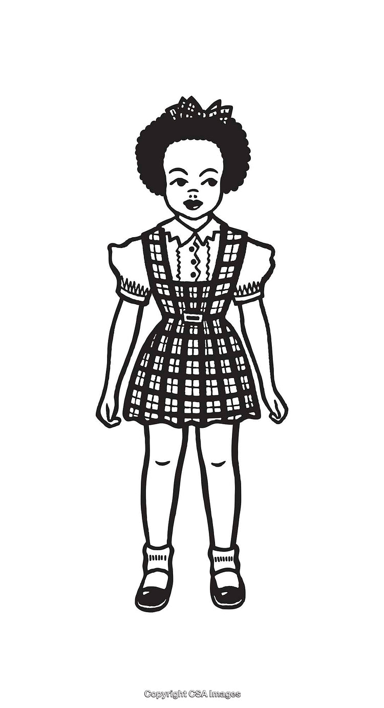 Black and White Illustration of Girl in Plaid Dress with Bow
