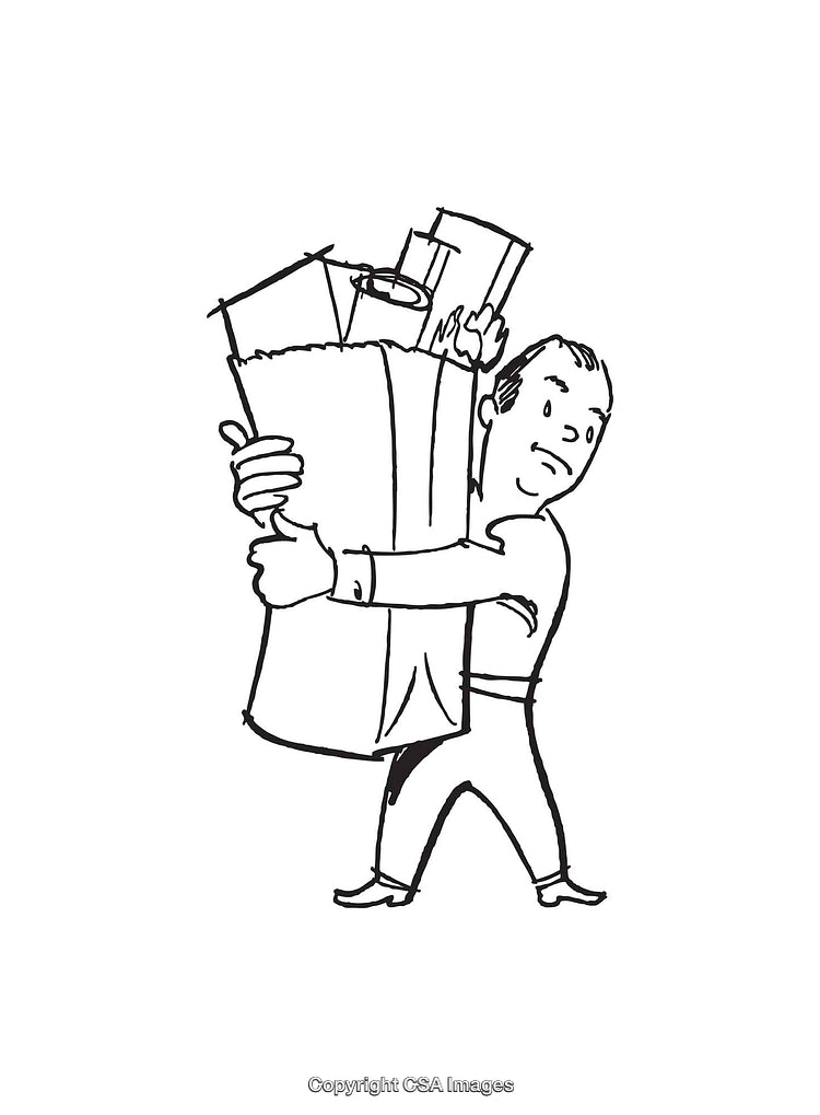 Black and White Line Art of a Man Carrying Large Items