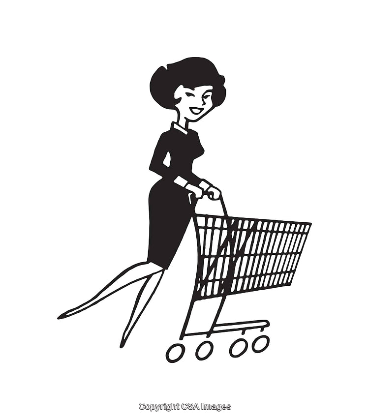 Vintage Style Line Art of Woman Shopping With Cart