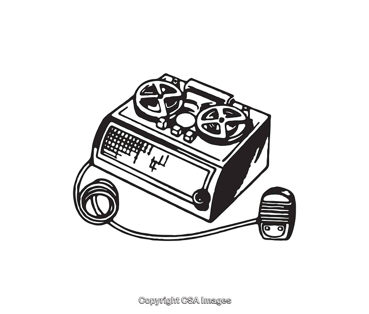 Vintage Reel-to-Reel Tape Recorder Illustration in Black and White Line Art