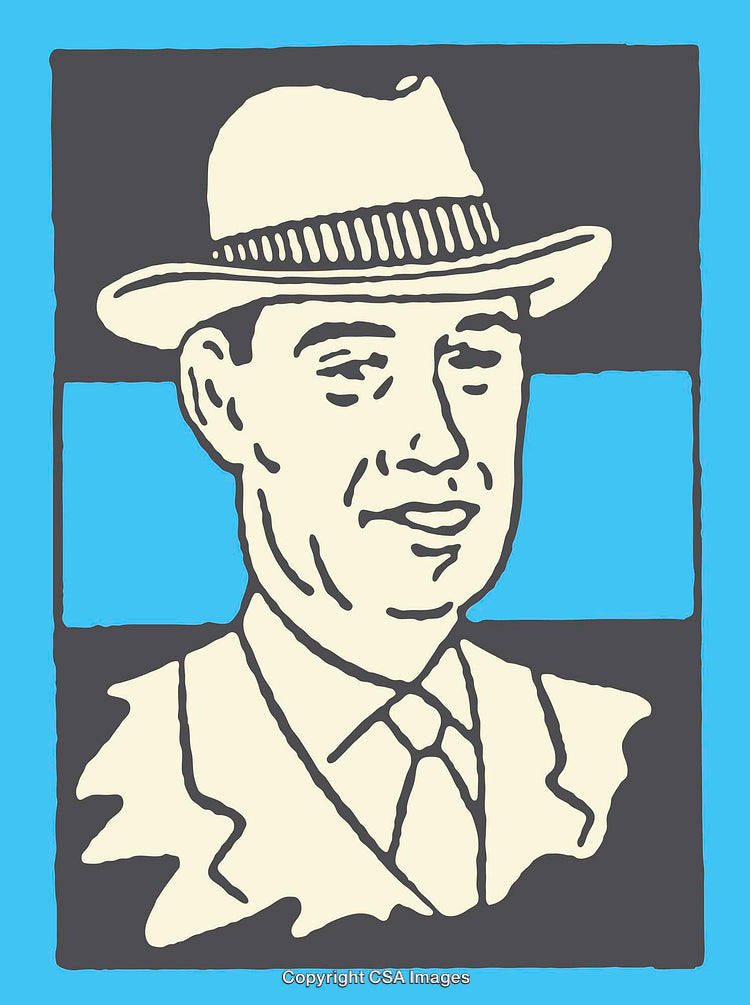 Vintage Line Art Illustration of a Man in a Suit and Hat