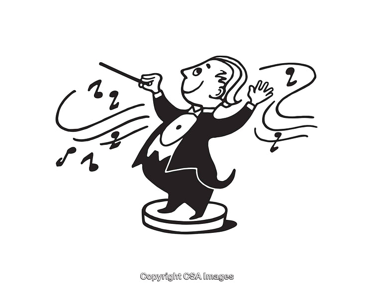 Cartoon Conductor Leading Music with Energy and Enthusiasm in Line Art Style