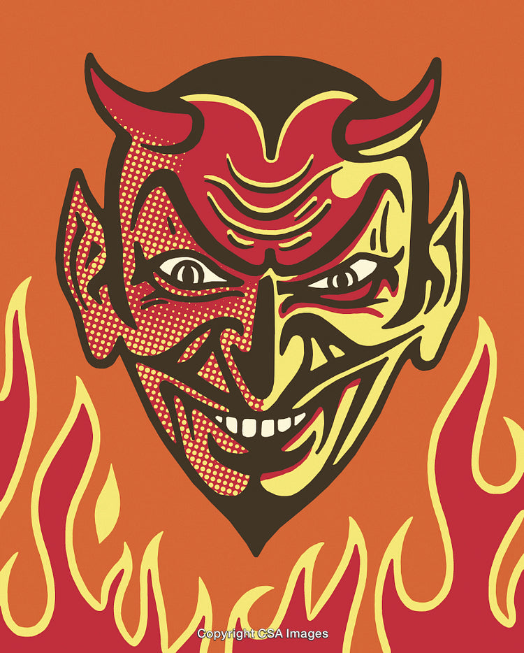 Colorful Devil Illustration with Flames and Bold Graphic Design Elements