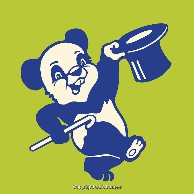 Cheerful Cartoon Panda Holding Top Hat and Walking Stick on Green Background