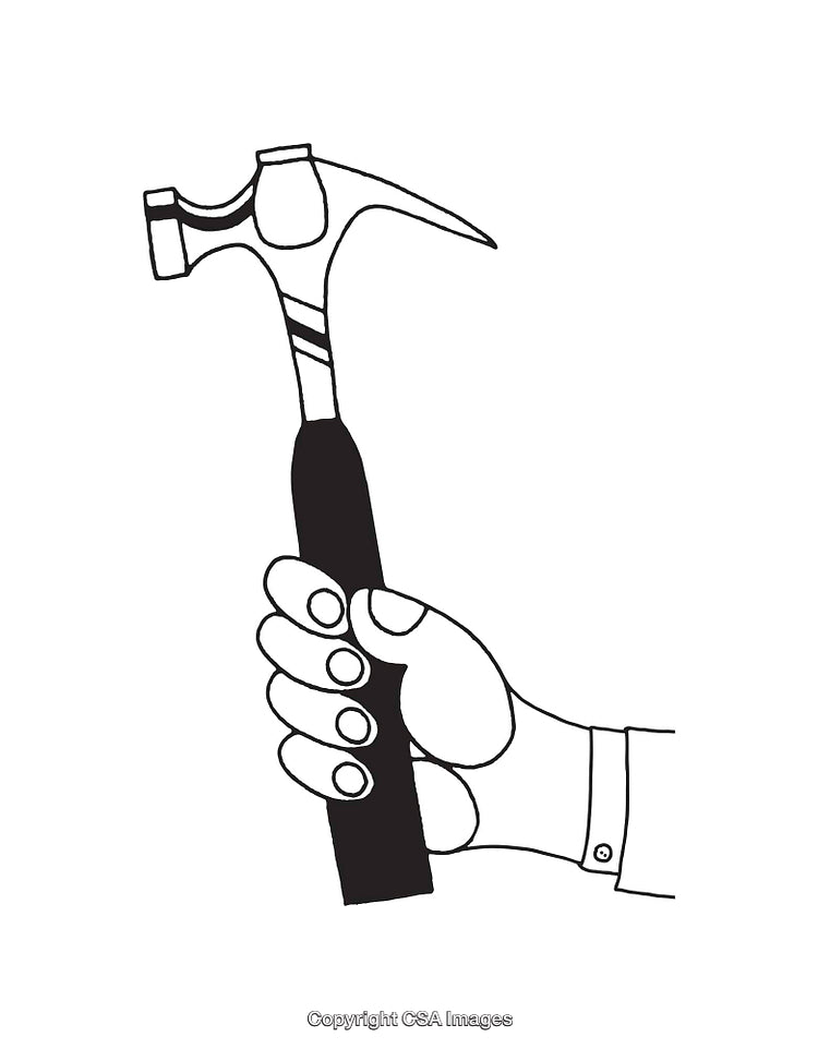 Black and White Line Art of a Hand Holding a Hammer