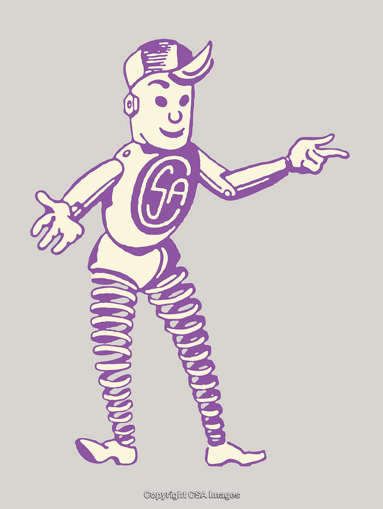 Retro Purple and Beige Robot Illustration with Spring-Like Legs