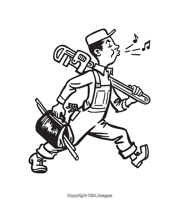 Retro Whistling Worker Carrying Tools in Black and White Line Art Illustration