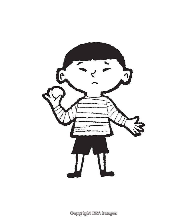 Black and White Line Art of Boy With Striped Shirt Holding an Object