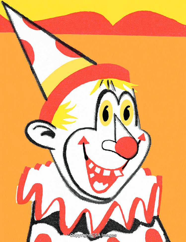 Bright Cartoon Clown Illustration with Cheerful Expression and Orange Background
