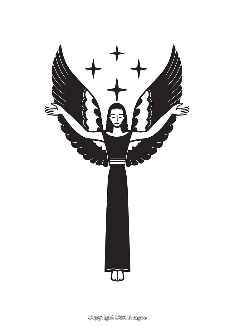 Black And White Illustration of Winged Angel with Stars Overhead