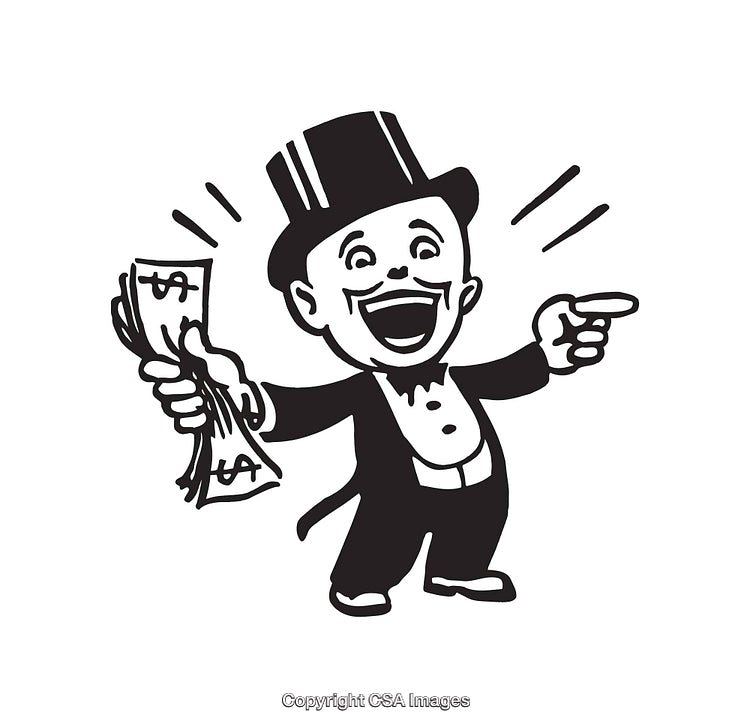 Vintage Black and White Character Holding Money and Pointing