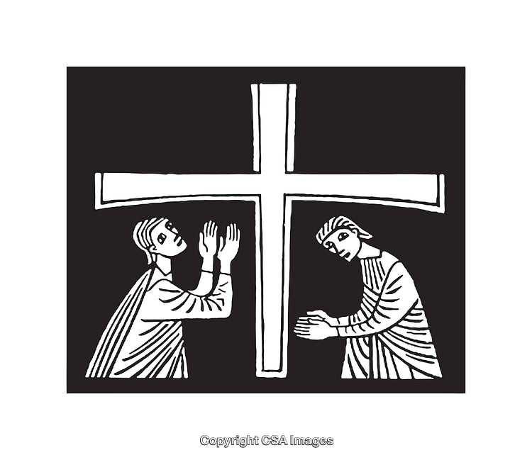 Black and White Religious Illustration Featuring Cross and Two Figures