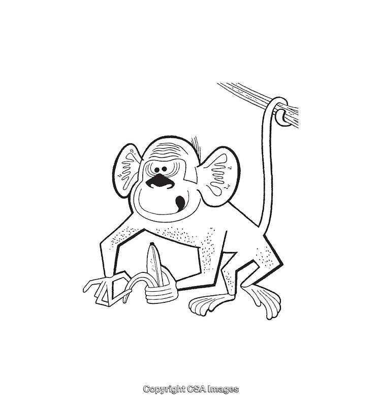 Black and White Line Art Illustration of a Monkey With Banana