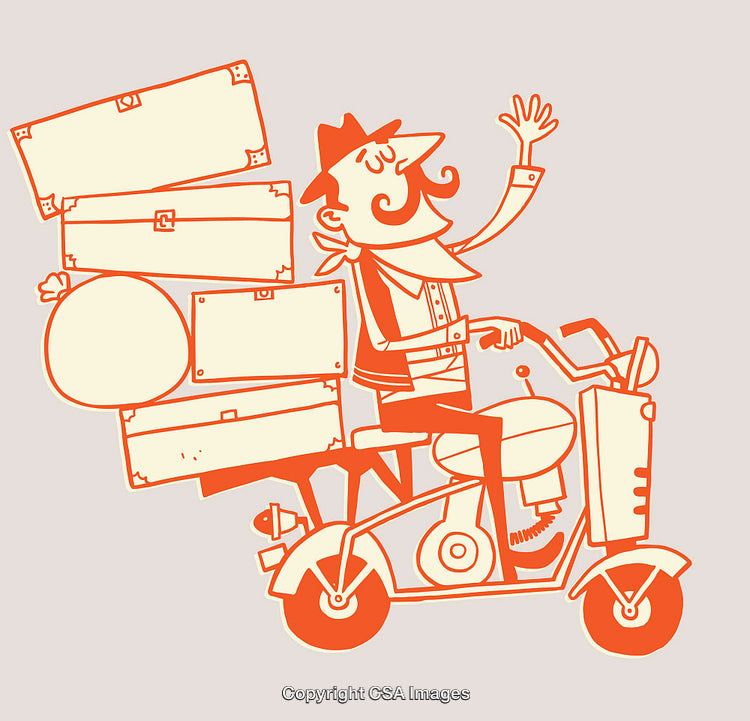 Quirky Cartoon Man Riding Scooter with Overloaded Luggage in Vibrant Colors