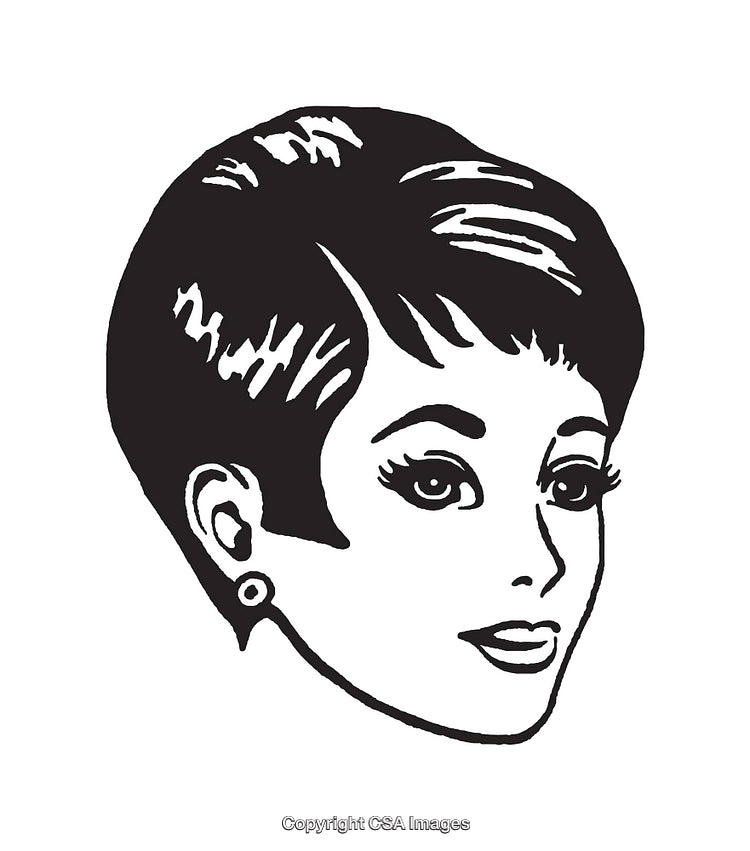 Retro Black and White Line Art Female Portrait with Short Hair