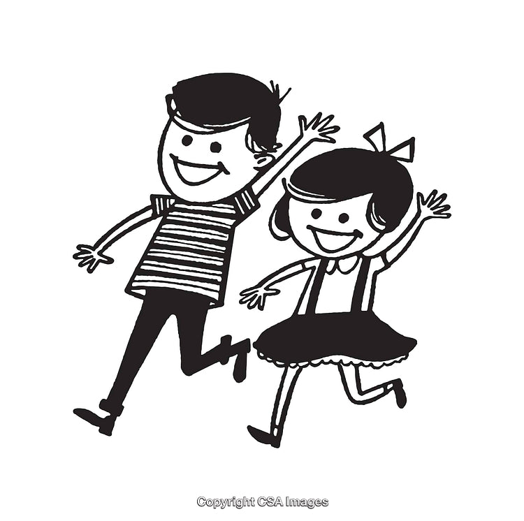Cheerful Black and White Line Art of Two Happy Children