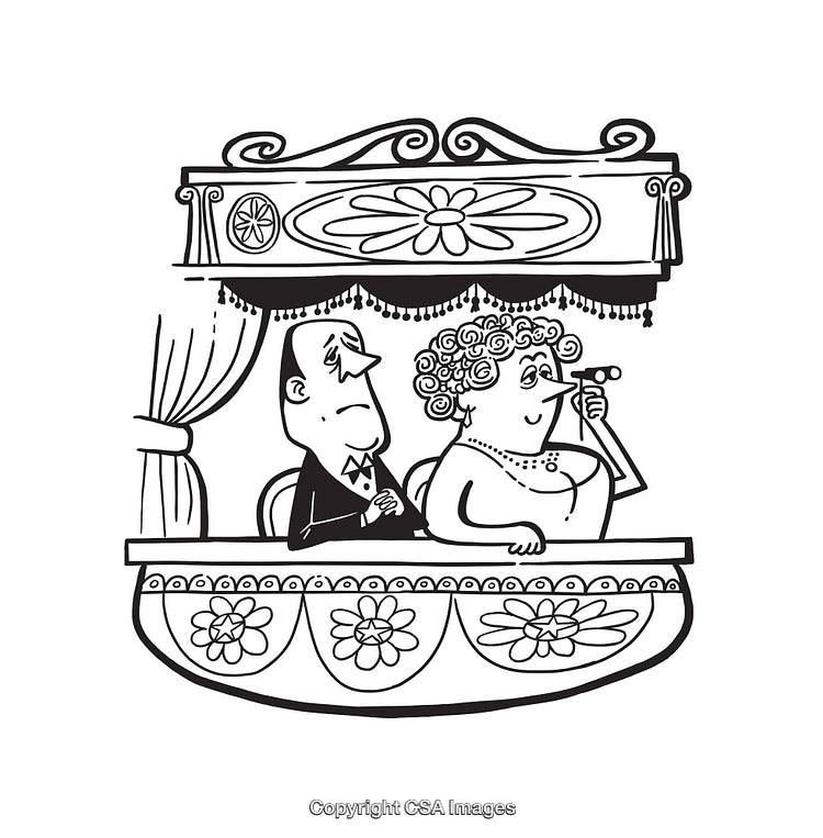 Black and White Illustration of Elegant Couple at Theater Balcony